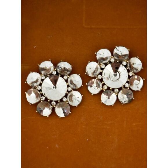 Vintage Women's Silver Rhinestone Rosette Stone Clip-on Earrings - Picture 1 of 13